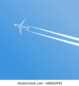 Flight of the plane in the sky. Vector icon of a passenger plane with a white trail from the engines. Color flat icon of airplane. Vector illustration