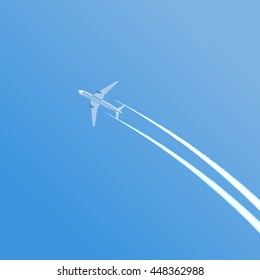 Flight of the plane in the sky. Vector icon of a passenger plane with a white trail from the engines. Color flat icon of airplane. Vector illustration