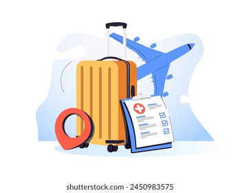 Flight plane travel tourism trip with insurance policy. Tourism plane trip planning world tour with with insurance protection icon on holiday summer. Icon vector airplane illustration