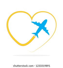 Flight of the plane and its way in the shape of a heart. Vector illustration. Concept of travel