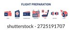 Flight Preparation web banner icon vector illustration concept for pre-flight passenger process with icon of ticket, passport, boarding pass, departure, seat, seat belt, flight.