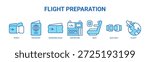 Flight Preparation web banner icon vector illustration concept for pre-flight passenger process with icon of ticket, passport, boarding pass, departure, seat, seat belt, flight.