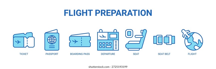 Preparação de voo ícone de banner web vetor conceito de ilustração para o processo de passageiro pré-voo com ícone de bilhete, passaporte, cartão de embarque, partida, assento, cinto de segurança, voo.