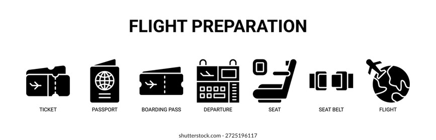 Preparação de voo ícone de banner web vetor conceito de ilustração para o processo de passageiro pré-voo com ícone de bilhete, passaporte, cartão de embarque, partida, assento, cinto de segurança, voo.