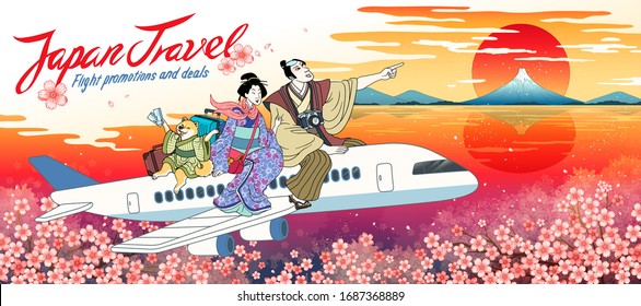 Flight-Werbebanner mit geisha, Samurai und Shiba Inu Hund, der aufregend nach Japan fliegt, um ethnisches Abenteuer zu erleben