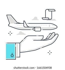 Flight protection related color line vector icon, illustration. The icon is about assurance, flight, plane, airways, ticket. The composition is infinitely scalable.