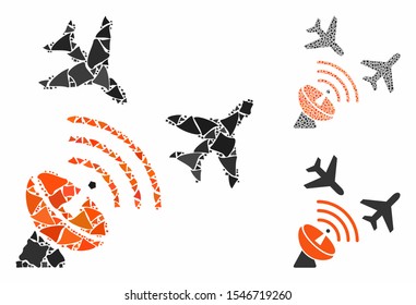 Flight radar mosaic of tremulant items in different sizes and shades, based on flight radar icon. Vector raggy items are grouped into collage. Flight radar icons collage with dotted pattern.