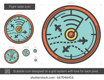 Flight radar vector line icon isolated on white background. Flight radar line icon for infographic, website or app. Scalable icon designed on a grid system.