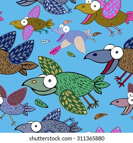 Flight of the Raven. Seamless texture of a flock of birds flying in the sky performed in a humorous style.