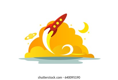 Flight red rocket color illustration. The startup metaphor. Ready to start. The beginning path to the stars.