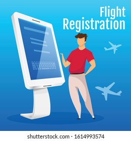 Flight registration kiosk social media post mockup. Airport interactive panel web banner design template. Self service counter booster, content layout with inscription. Poster and flat illustration