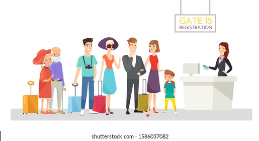 Flight registration queue flat vector illustration. Happy passengers standing in line. Airport officer checking tickets and boarding passes. Young and elderly couples waiting for checkin procedure.