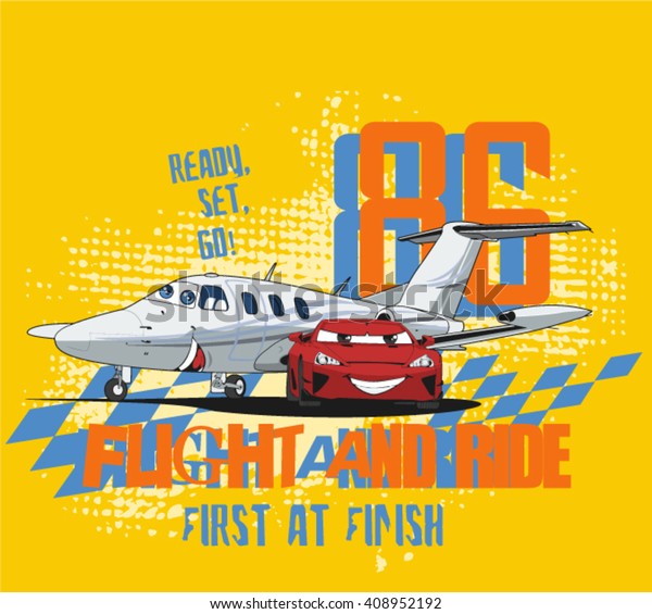 Flight and Ride. Vector car and Plane\
illustration. Cartoon car. Cartoon\
plane.