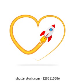 Flight of the rocket and its way. Vector illustration. Concept of travel