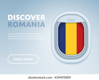 Flight to Romania traveling theme banner design for website, mobile app. Modern vector illustration. Vacation. Tourism concept. Travel banner. Adventure in Romania. Journey concept.