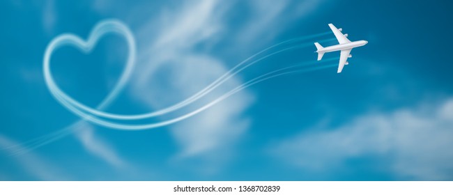 Flight route of the aircraft in the shape of a heart. Smoky line trace of airliner. Realistic icon of airplane in blue sky with clouds. Vector 3d illustration