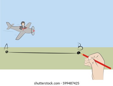 The flight route is hand-drawn. vector illustration