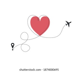 Flight route. Heart dashed line traces and plane paths isolated on white background. Romantic wedding travel, Honeymoon trip. Drawing the plane path with heart. Vector drawing.
