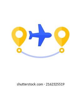 Icono de ruta de vuelo con un avión, vector plano