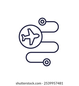 Flight route icon with airplane, line vector