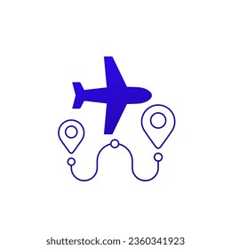 Flight route icon with airplane, vector