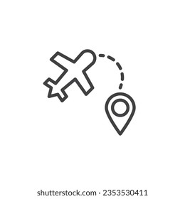 Icono de línea de ruta de vuelo. signo de estilo lineal para concepto móvil y diseño web. Icono del vector de contorno del plano de la posición y el plano de la aeronave. Símbolo, ilustración del logotipo. Gráficos vectoriales