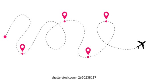Linha de rota de voo definida com ilustrações da trajetória do avião com trilhas de rastreamento tracejadas e curvas de navegação pontilhadas para visuais de mapas de aviação e projetos de vetor de estoque temáticos de viagens de aeronaves