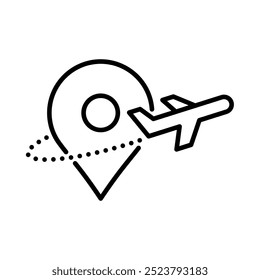 Ruta de vuelo, avión con icono de ubicación de pin. Estilo de contorno. Vector. Aislar sobre fondo blanco.