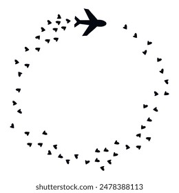 Flight route. Romantic trip. round line with hearts. Vector illustration isolated on white background. Monochrome