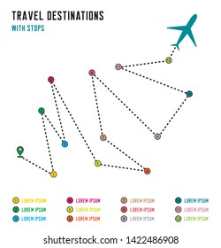 Flight route with stops on an airplane dotted line. Vector path icon from start with location pin point. 