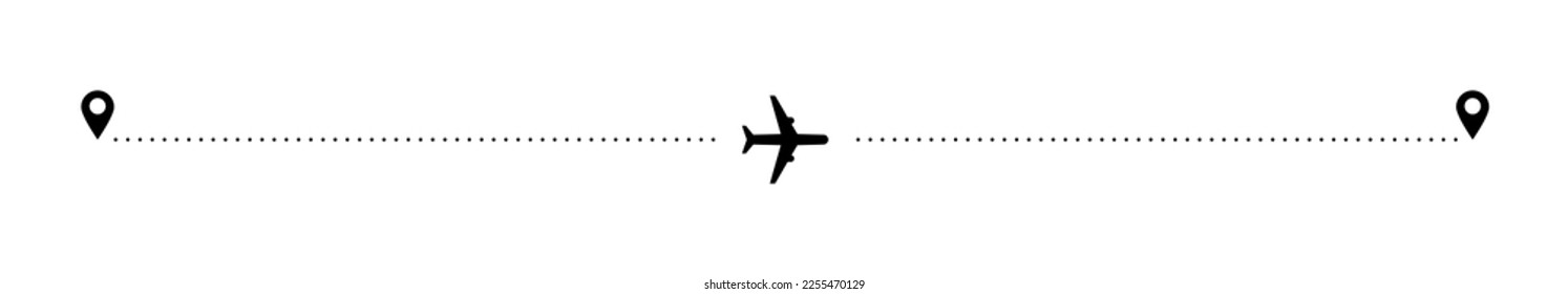 Flugstrecke, Vektorgrafik. Illustration zur Anzeige des Flugstatus mit dem Flugzeug auf der Route zwischen Aufstellungspins