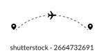 Flight route vector illustration. Airplane on dashed line on path to destination. Flight tracking interface.