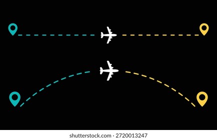 Ilustración vectorial de la ruta de vuelo. Avión en línea discontinua en camino al destino. Interfaz de seguimiento de vuelos. Línea de ruta del avión. archivo eps de Ilustración vectorial. 
