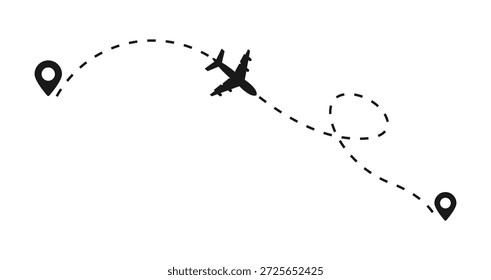 Ilustração do vetor da rota de voo. Avião em linha tracejada no caminho para o destino. Interface de acompanhamento de voo.