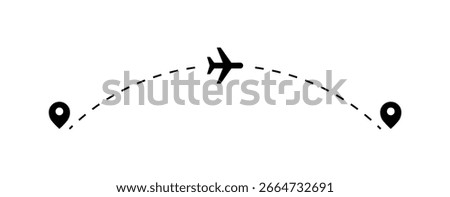 Flight route vector illustration. Airplane on dashed line on path to destination. Flight tracking interface.