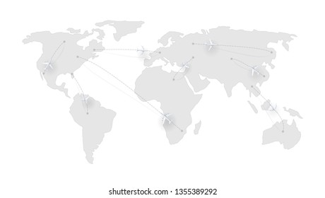 Flight routes of the airplanes, dashed lines of track. Realistic icons of airliners above the earth map. Air transport between countries and continents. Vector 3d illustration isolated on white