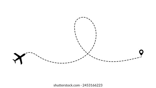 Flight routes Flat ways. Set of dashed airplane trajectory. Travel, distance, route concept.