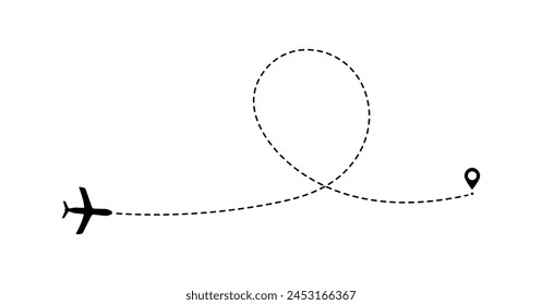 Flight routes Flat ways. Set of dashed airplane trajectory. Travel, distance, route concept.