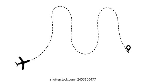 Flight routes Flat ways. Set of dashed airplane trajectory. Travel, distance, route concept.