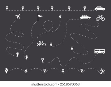 Rotas de voo Vias planas. Conjunto da trajetória do avião tracejada. Viagem, distância, avião rotas traço tracejado linha ilustração vetor isolado no fundo branco.