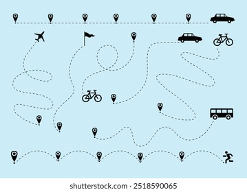 Rotas de voo Vias planas. Conjunto da trajetória do avião tracejada. Viagem, distância, avião rotas traço tracejado linha ilustração vetor isolado no fundo branco.