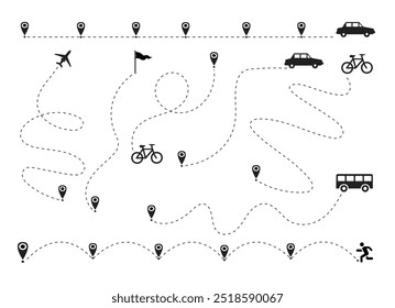 Rotas de voo Vias planas. Conjunto da trajetória do avião tracejada. Viagem, distância, avião rotas traço tracejado linha ilustração vetor isolado no fundo branco.