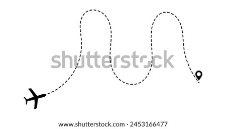 Flight routes Flat ways. Set of dashed airplane trajectory. Travel, distance, route concept.