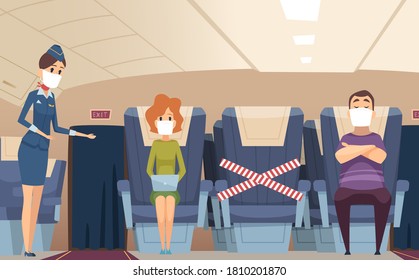 Flight rules. Epidemic problems, passengers wear protective masks in plane and safe social distance vector illustration