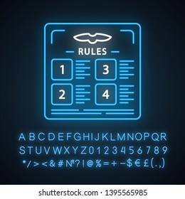 Flight rules neon light icon. Table with statute. Airplane adjustment. Plane security. Jet safety regulations. Glowing sign with alphabet, numbers and symbols. Vector isolated illustration