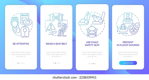 Flight safety procedures blue gradient onboarding mobile app screen. Walkthrough 4 steps graphic instructions with linear concepts. UI, UX, GUI template. Myriad Pro-Bold, Regular fonts used