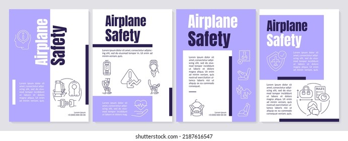 Flight safety procedures purple brochure template. Survive plane crash. Leaflet design with linear icons. Editable 4 vector layouts for presentation, annual reports. Anton, Lato-Regular fonts used