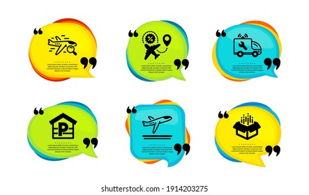 Flight sale, Departure plane and Parking icons simple set. Speech bubble with quotes. Search flight, Car service and Open box signs. Travel discount, Airport transport, Garage. Vector