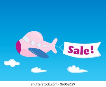 Flight sale! Flying Airplane with promotional banner. Vector Illustration.