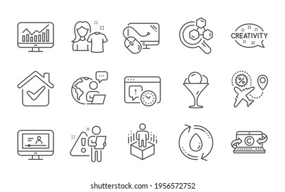Flight sale, Project deadline and Statistics line icons set. Ice cream, Computer mouse and Online video signs. Refill water, Clean shirt and Augmented reality symbols. Line icons set. Vector